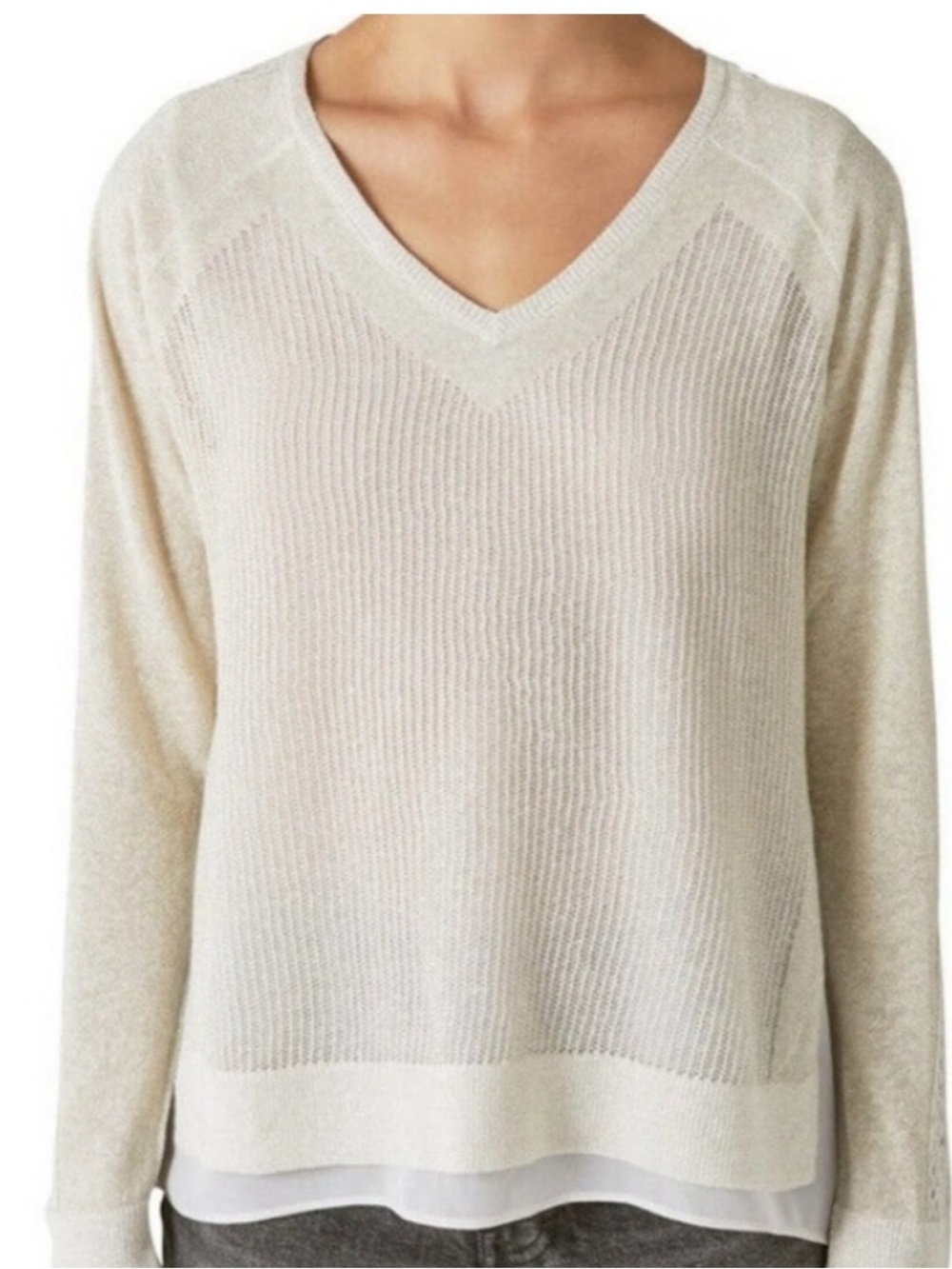 *NWT* Lucky Brand Cream/Gold V-Neck Knit Sweater with Layered Chiffon Hem